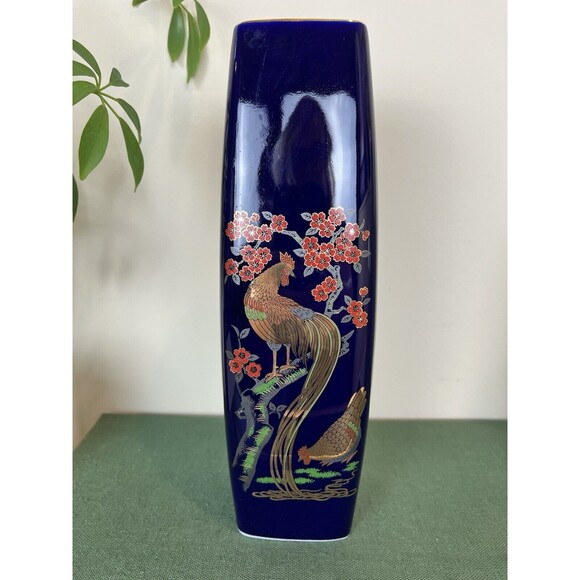 Vintage 1980’s Cobalt Blue Vase With Peacocks & Cherry Blossoms / Japan - Picture 1 of 7